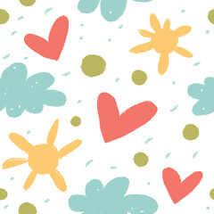 Seamless background with clouds, hearts and sun. Pattern in pastel colors. Perfect for baby clothes, wallpapers, fabrics, paper and other surfaces.