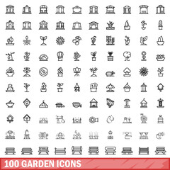 100 garden icons set, outline style