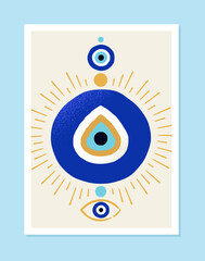 Poster with Turkish traditional amulet. Abstract art with geometric shapes, ornaments and evil eye. Design element for wall decoration. Cartoon flat vector illustration isolated on blue background