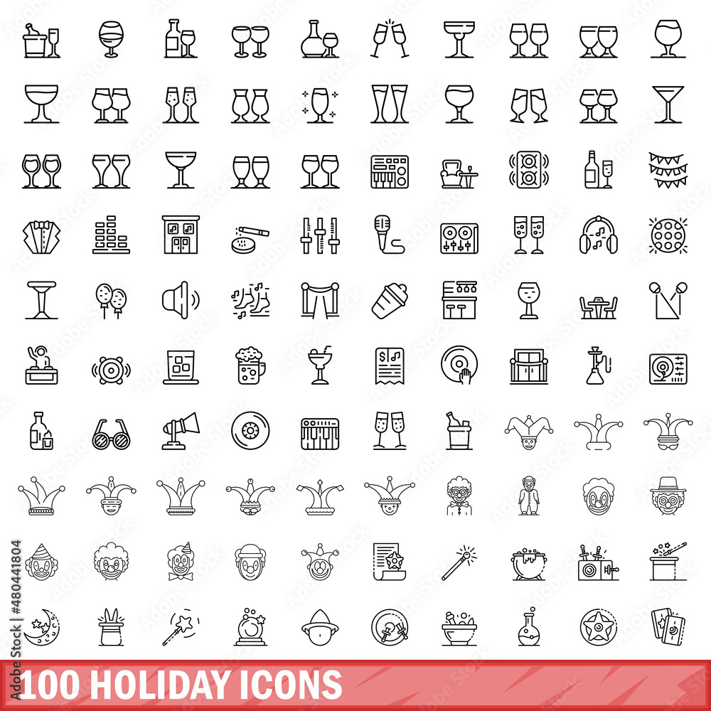 Poster 100 holiday icons set, outline style - Posters