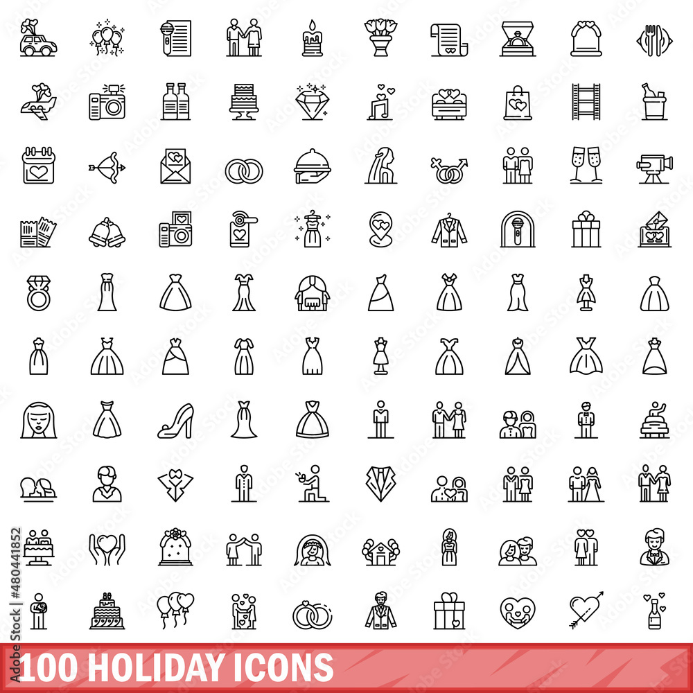 Wall mural 100 holiday icons set, outline style - Wall murals