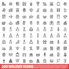 100 holiday icons set, outline style