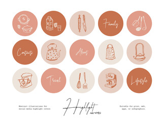 Set of hand drawn line art food illustrations for social media highlight cover