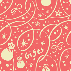 Seamless background with serpentine and confetti in red tones.