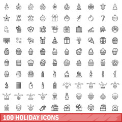 100 holiday icons set, outline style