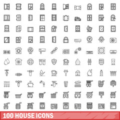 100 house icons set, outline style