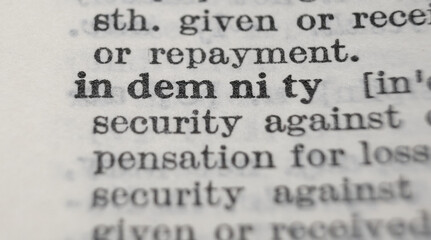Obraz premium Indemnity dictionary definition close-up. Shallow depth of field.