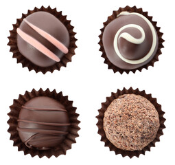 Set with delicious sweet chocolate truffles on white background, top view