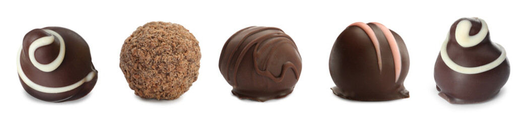 Set with delicious sweet chocolate truffles on white background. Banner design