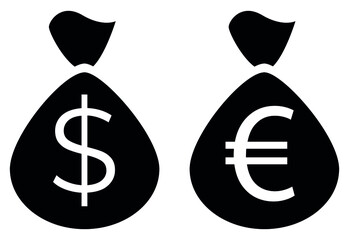 Money bag icon with dollar and euro symbol. Vector illustration isolated on a white background. Editable Stroke