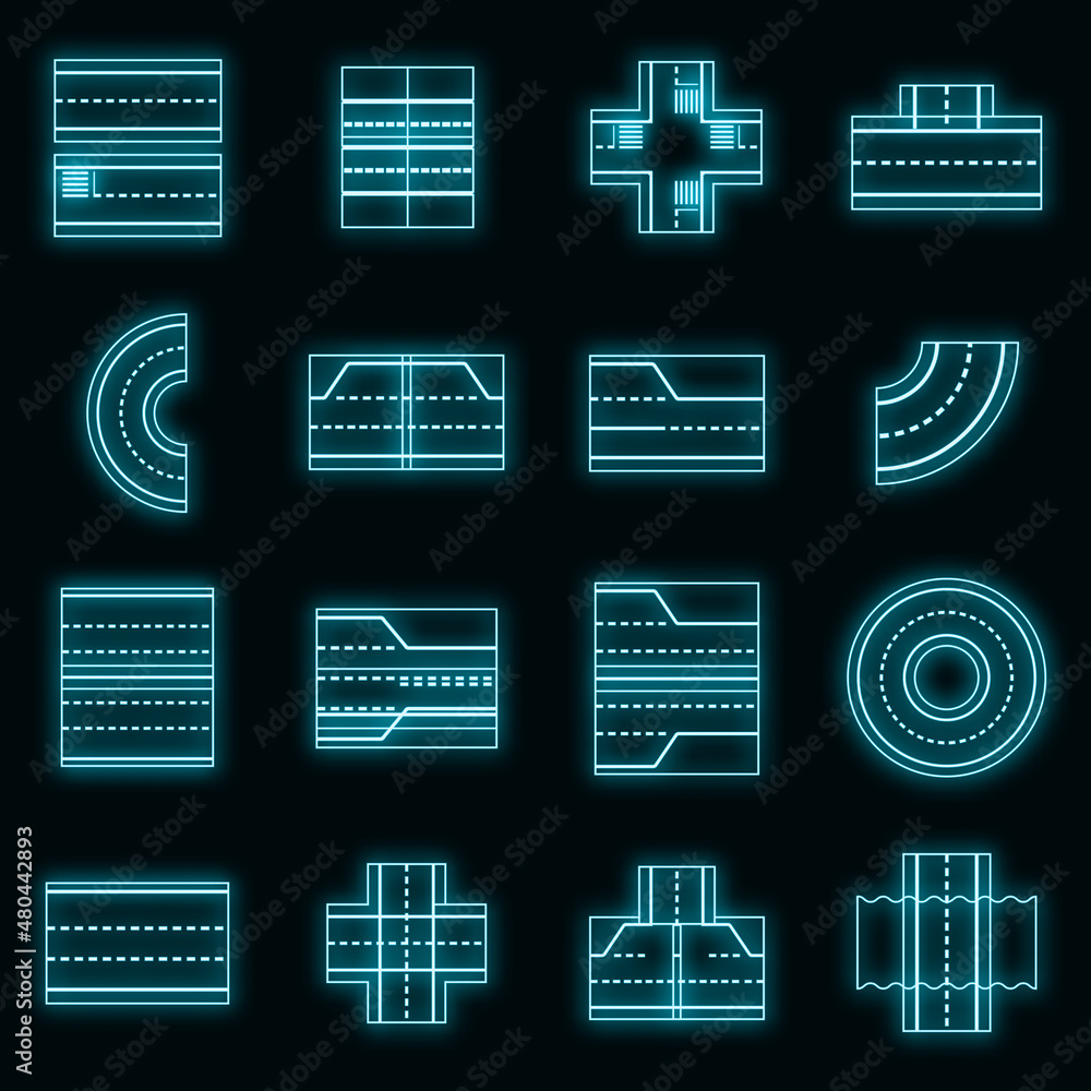 Poster road elements constructor icons set vector neon