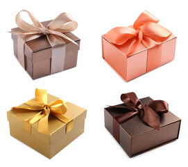 Set with beautiful gift boxes on white background