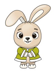 Fototapeta premium Cute rabbit in a green robe. Print for a postcard. Easter Bunny