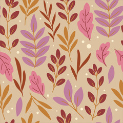 seamless pattern trendy leaves, botanical vector nature illustration