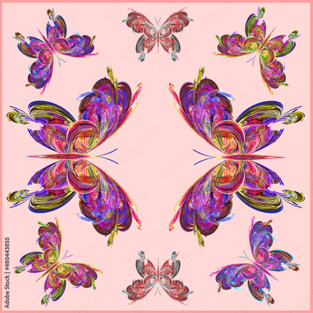 Poster seamless abstract pattern with colorful fractal butterflies on pink background