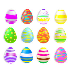 A set of Easter multi-colored and painted eggs. Vector stock illustration. White background. Isolated. Bright religious holiday. Tradition.