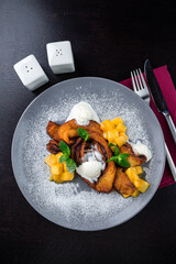 deep fried banana with vanilla ice cream and mango fruit asian halal banquet dessert menu