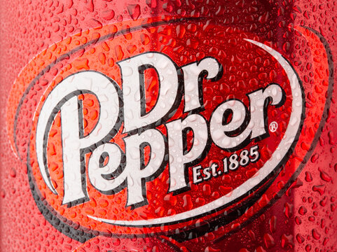 Ternopil, Ukraine - January 11, 2022: A closeup of logo on Dr Pepper drink can