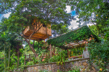 Beautiful tree house seen from below built in a rustic way with wooden walls, ceiling, floor and stairs, surrounded by vegetation and beautiful flowers in a space with an elegant stone wall.