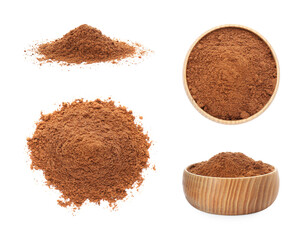 Set with nutmeg powder on white background