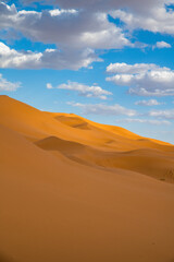 Obraz na płótnie Canvas Sand dunes in Morocco. Erg Chebbi Sahara desert. Yellow red sand and blue sky. High quality photo