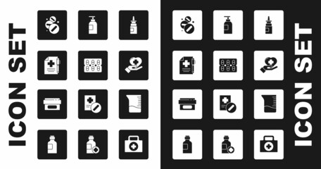 Set Bottle nasal spray, Medical prescription and pen, Medicine pill or tablet, Heart with cross, Hand sanitizer bottle, Measuring cup and Ointment cream tube medicine icon. Vector