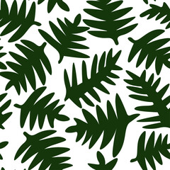 Seamless pattern of branches, leaves of a forest tree, palm trees. Natural abstract minimalist print. Vector graphics.