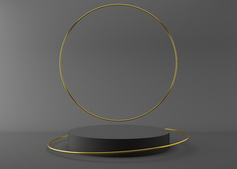 Gray podium with golden rings on the gray background. 3D rendering. Elegant podium for product, cosmetic presentation. Mock up. Pedestal or platform for beauty products. Empty scene.