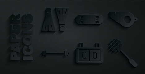 Set Sport mechanical scoreboard, Whistle, Barbell, Tennis racket, Skateboard trick and Rubber flippers for swimming icon. Vector © Kostiantyn