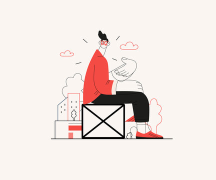 Startup illustration. Flat line vector modern concept illustration of a young man, startup metaphor. Concept of building new business, planning and strategy, teamwork and management, company processes