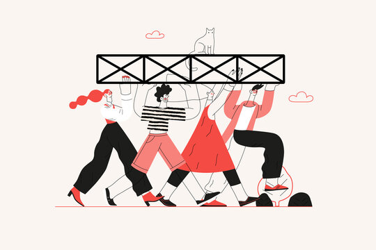 Startup illustration. Flat line vector modern concept illustration of young people, startup metaphor. Concept of building new business, planning, strategy, teamwork and management, company processes