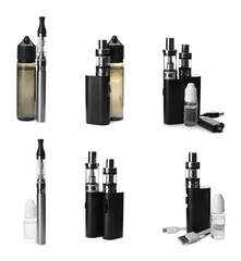 Obraz premium Set with different electronic smoking devices on white background