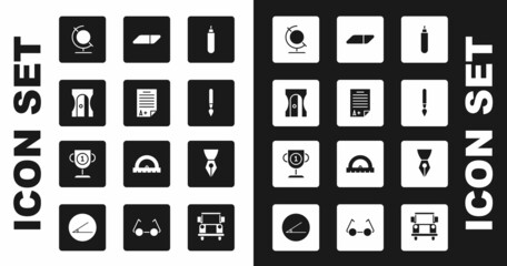 Set Marker pen, Exam sheet with A plus grade, Pencil sharpener, Earth globe, Paint brush, Eraser or rubber, Fountain nib and Award cup icon. Vector