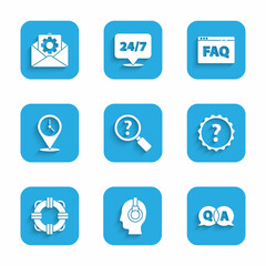 Set Unknown search, Support operator in touch, Question and Answer, mark, Lifebuoy, Location with clock, Browser FAQ and Envelope setting icon. Vector