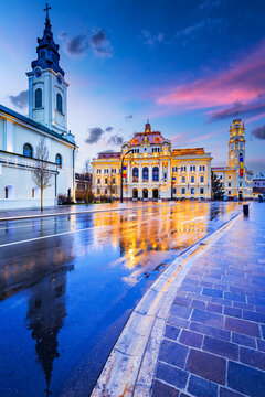 Oradea, Crisana - City Hall rainy day reflection, Transylvania, Romania destination.