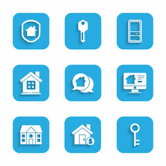 Set Real estate message house, House with dollar symbol, key, Online real, Closed door and under protection icon. Vector