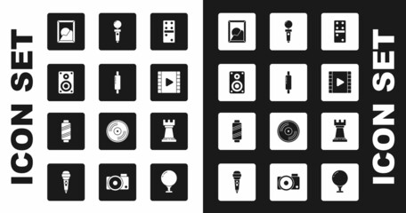 Set Domino, Rolling pin, Stereo speaker, Picture landscape, Play Video, Joystick for arcade machine, Business strategy and Sewing thread on spool icon. Vector