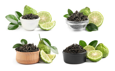 Set with dry tea leaves and bergamot fruits on white background