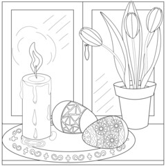 Easter eggs, flowers, candle, ornament, white background. Colouring page, vector.