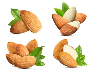 Set with tasty almonds and fresh green leaves on white background