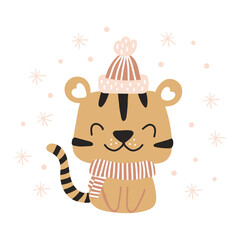 Naklejka premium Cute Christmas tiger. Vector isolated winter cartoon illustration on white background.