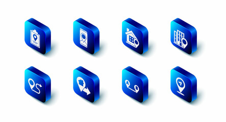 Set City map navigation, Location with house, Route location, and Folded marker icon. Vector