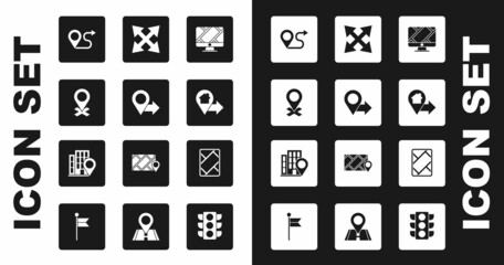 Set Monitor with location marker, Location, Route, house, Road traffic sign, Gps device map and icon. Vector