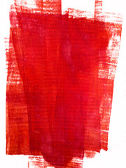 Messy bright red paint roller streaks on white paper