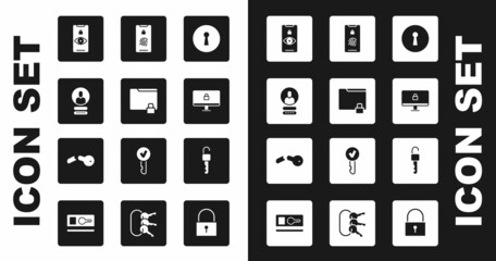 Set Keyhole, Folder and lock, Create account screen, Eye scan, Lock on computer monitor, Mobile with fingerprint, Unlocked key and Broken icon. Vector