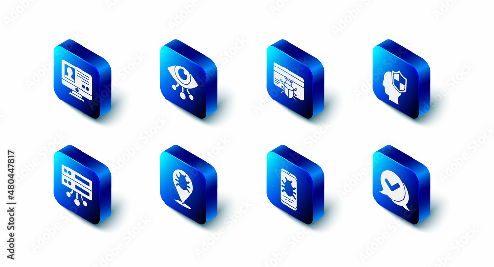 Poster set eye scan, system bug in credit card, head with shield, check mark speech bubble, on mobile, serv