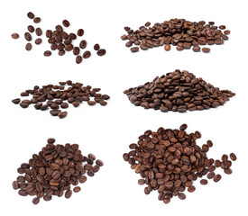 Set with roasted coffee beans on white background