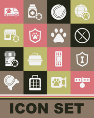 Set Collar with name tag, Animal health insurance, Anti worms parasite, Tennis ball, Veterinary hospital, ambulance and Paw print icon. Vector