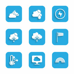 Set Cloud with snow, Location cloud, Rainbow, Cone windsock wind vane, Meteorology thermometer, and sun, Lightning bolt and moon icon. Vector