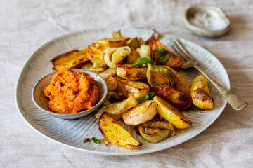 Roast potatoes and leeks with red peper sauce